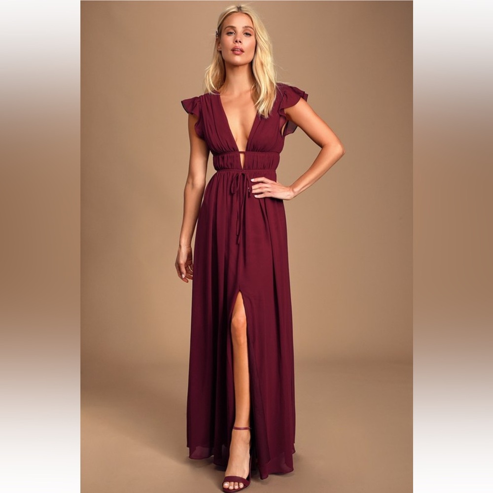 Lulus Maroon Deep V Ruffled Maxi Dress